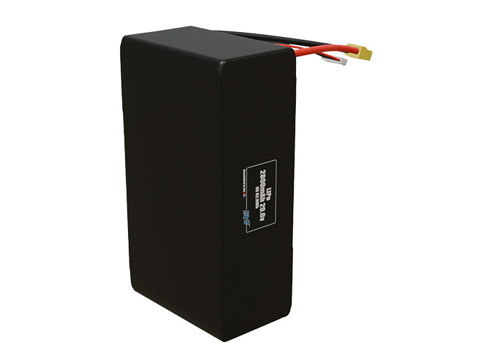Side-angle render of a 29.6-volt 2800mAh lithium-polymer battery, assembled in the USA for compact UAV, drone, and military robotics platforms.