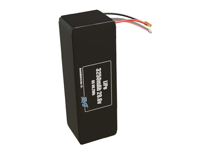 Side-angle render of a 29.6-volt 3250mAh lithium-polymer battery, assembled in the USA for compact UAV, drone, and military robotics platforms.
