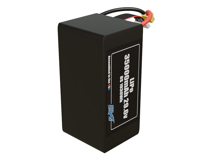 Side-angle render of a 29.6-volt 35000mAh lithium-polymer battery, assembled in the USA for compact UAV, drone, and military robotics platforms.