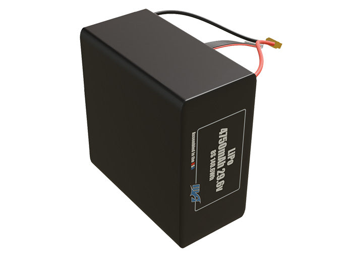 Side-angle render of a 29.6-volt 4750mAh lithium-polymer battery, assembled in the USA for compact UAV, drone, and military robotics platforms.
