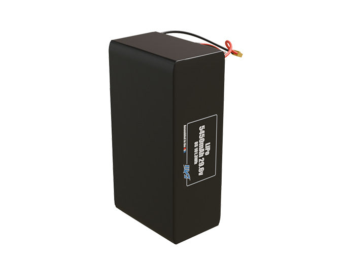 Side-angle render of a 29.6-volt 5450mAh lithium-polymer battery, assembled in the USA for compact UAV, drone, and military robotics platforms.