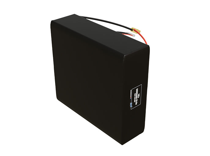 Side-angle render of a 29.6-volt 5600mAh lithium-polymer battery, assembled in the USA for compact UAV, drone, and military robotics platforms.
