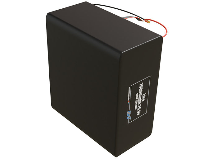 Side-angle render of a 29.6-volt 70000mAh lithium-polymer battery, assembled in the USA for compact UAV, drone, and military robotics platforms.