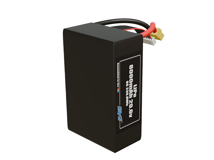 Side-angle render of a 29.6-volt 8000mAh lite lithium-polymer battery, assembled in the USA for compact UAV, drone, and military robotics platforms.