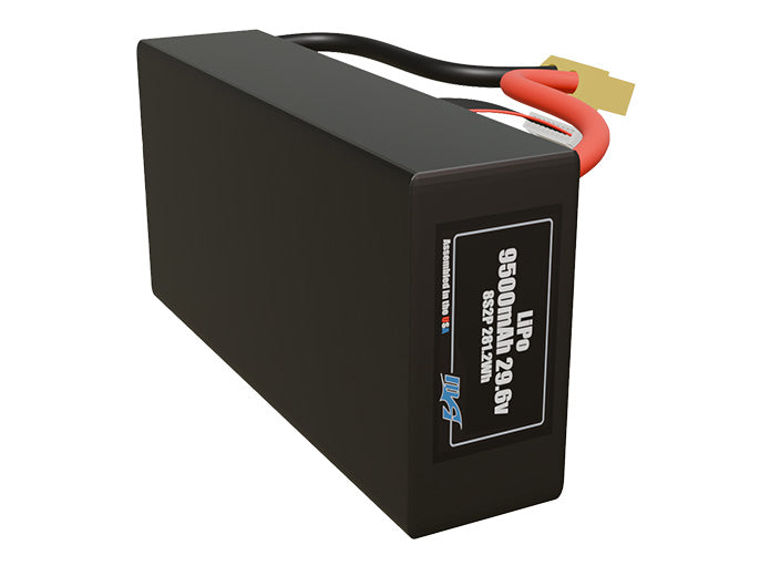 Side-angle render of a 29.6-volt 9500mAh lithium-polymer battery, assembled in the USA for compact UAV, drone, and military robotics platforms.