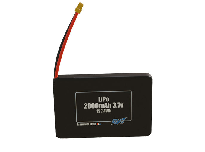 Front-facing render of the 3.7V 2000mAh 1S LiPo battery, assembled in the USA by maxamps, for drone and robotics applications.