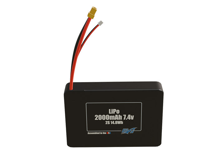 Front-facing render of the 7.4V 2000mAh 2S LiPo battery, assembled in the USA by maxamps, for drone and robotics applications.