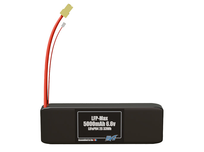 Front-facing render of the 6.6V 5000mAh 2S LFP-Max LiFePO4 battery, assembled in the USA by maxamps, for drone and robotics applications.