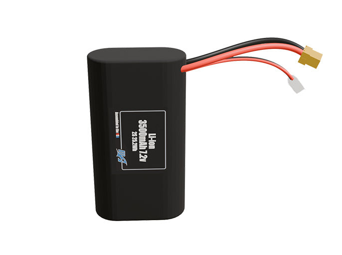 Front-facing render of the 7.2V 3500mAh 2S Li-ion battery, assembled in the USA by maxamps, for drone and robotics applications.