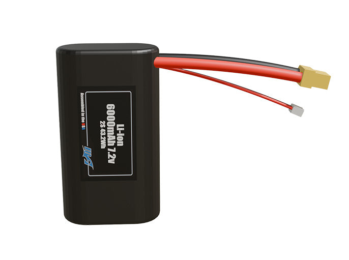 Front-facing render of the 7.2V 6000mAh 2S Li-ion battery, assembled in the USA by maxamps, for drone and robotics applications.