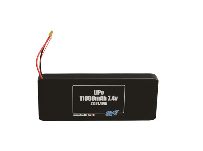 Front-facing render of the 7.4V 11000mAh 2S LiPo battery, assembled in the USA by maxamps, for drone and robotics applications.