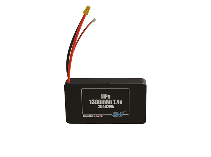 Front-facing render of the 7.4V 1300mAh 2S LiPo battery, assembled in the USA by maxamps, for drone and robotics applications.