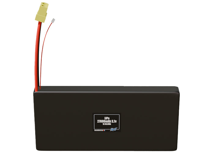 Front-facing render of the 7.4V 27000mAh 2S LiPo battery, assembled in the USA by maxamps, for drone and robotics applications.