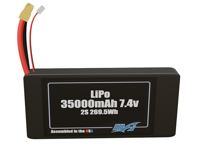 Angled product render of the 35000mAh 2-cell LiPo pack. A lightweight energy source for UAV, drone, and robotic builds.