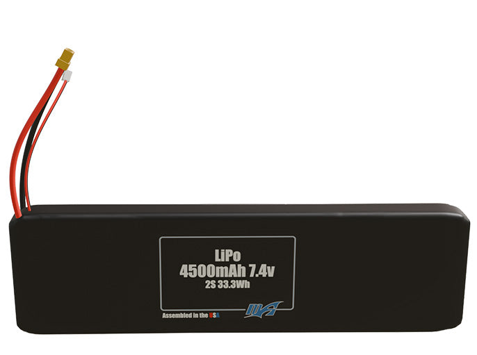 Front-facing render of the 7.4V 4500mAh 2S LiPo battery, assembled in the USA by maxamps, for drone and robotics applications.