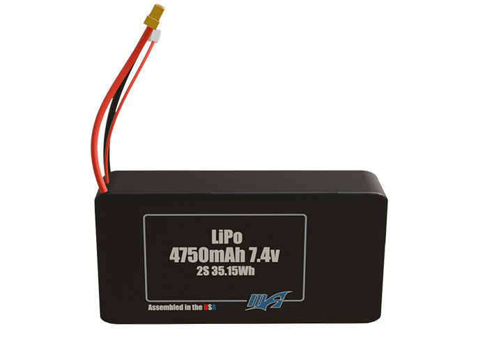 Front-facing render of the 7.4V 4750mAh 2S LiPo battery, assembled in the USA by maxamps, for drone and robotics applications.