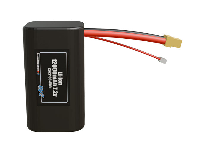 Front-facing render of the 7.2V 12000mAh 2S2P Li-ion battery, assembled in the USA by maxamps, for drone and robotics applications.