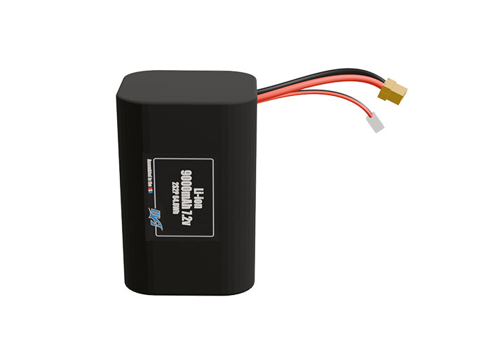 Front-facing render of the 7.2V 9000mAh 2S2P Li-ion battery, assembled in the USA by maxamps, for drone and robotics applications.