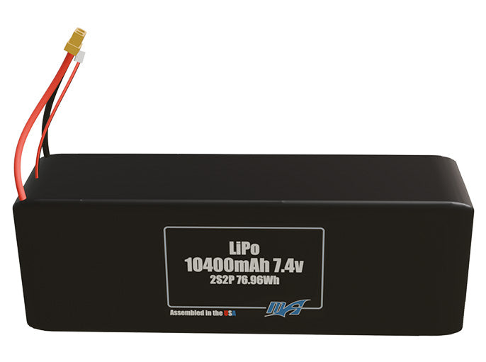 Front-facing render of the 7.4V 10400mAh 2S2P LiPo battery, assembled in the USA by maxamps, for drone and robotics applications.