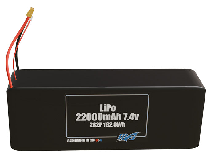 Front-facing render of the 7.4V 22000mAh 2S2P LiPo battery, assembled in the USA by maxamps, for drone and robotics applications.