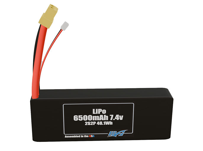 Front-facing render of the 7.4V 6500mAh 2S2P LiPo battery, assembled in the USA by maxamps, for drone and robotics applications.