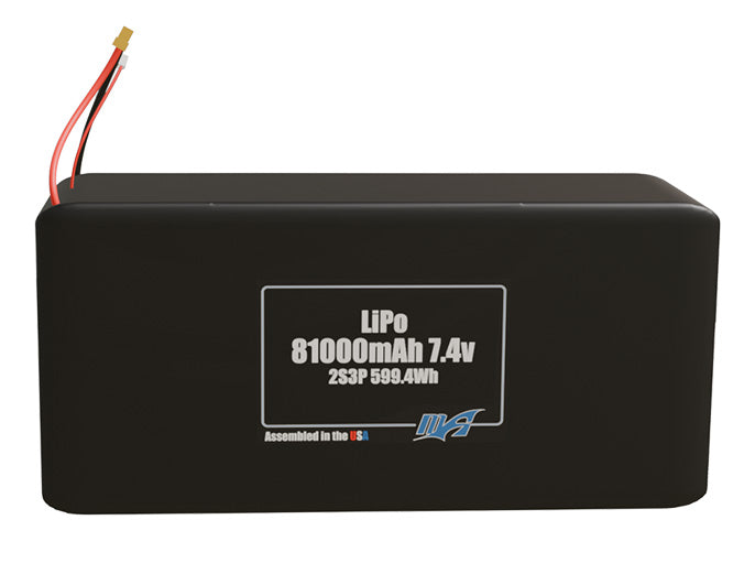 Front-facing render of the 7.4V 81000mAh 2S3P LiPo battery, assembled in the USA by maxamps, for drone and robotics applications.