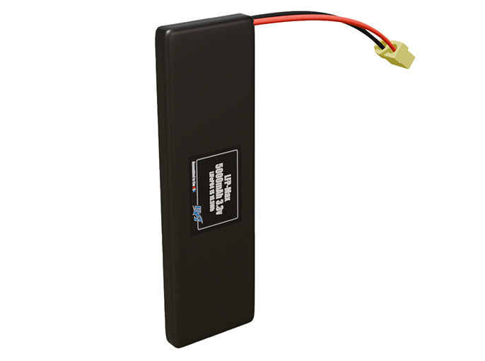 Side-angle render of a 3.3-volt 5000mAh lithium-iron-phosphate battery, assembled in the USA for compact UAV, drone, and military robotics platforms.
