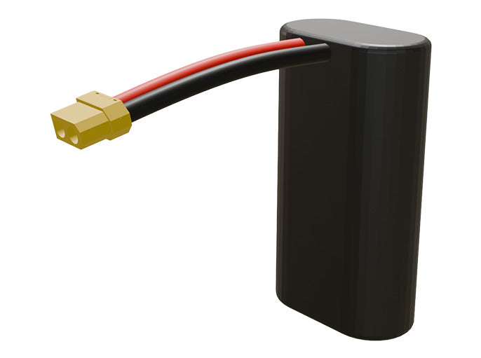 Side-angle render of a 3.6-volt 12000mAh lithium-ion battery, assembled in the USA for compact UAV, drone, and military robotics platforms.