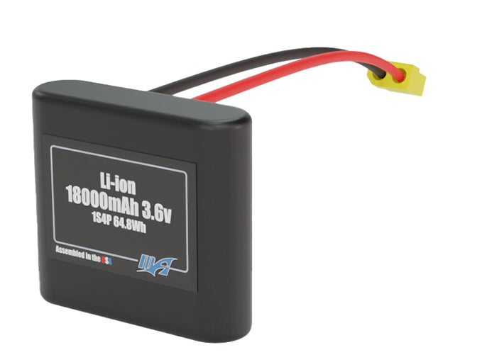 Side-angle render of a 3.6-volt 18000mAh lithium-ion battery, assembled in the USA for compact UAV, drone, and military robotics platforms.