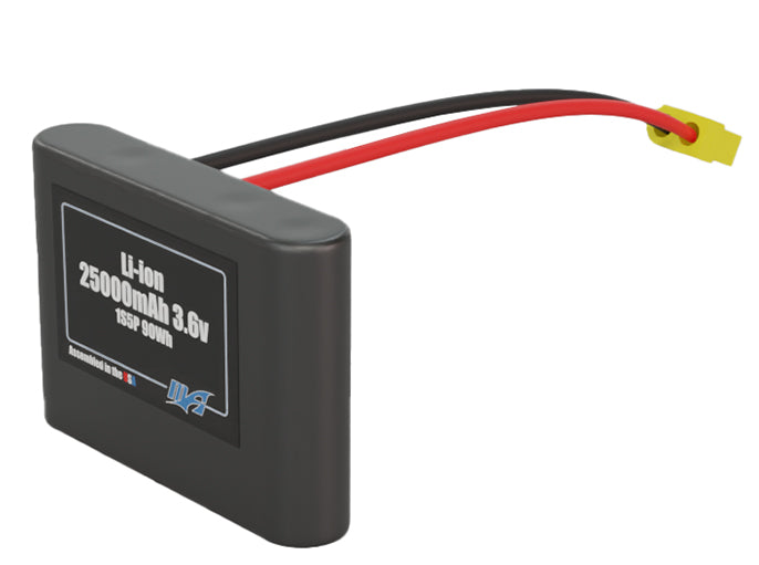 Side-angle render of a 3.6-volt 25000mAh lithium-ion battery, assembled in the USA for compact UAV, drone, and military robotics platforms.