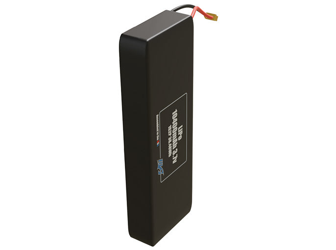 Side-angle render of a 3.7-volt 10400mAh lithium-polymer battery, assembled in the USA for compact UAV, drone, and military robotics platforms.