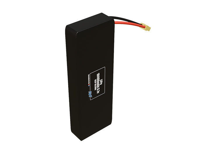 Side-angle render of a 3.7-volt 10400mAh lithium-polymer battery, assembled in the USA for compact UAV, drone, and military robotics platforms.