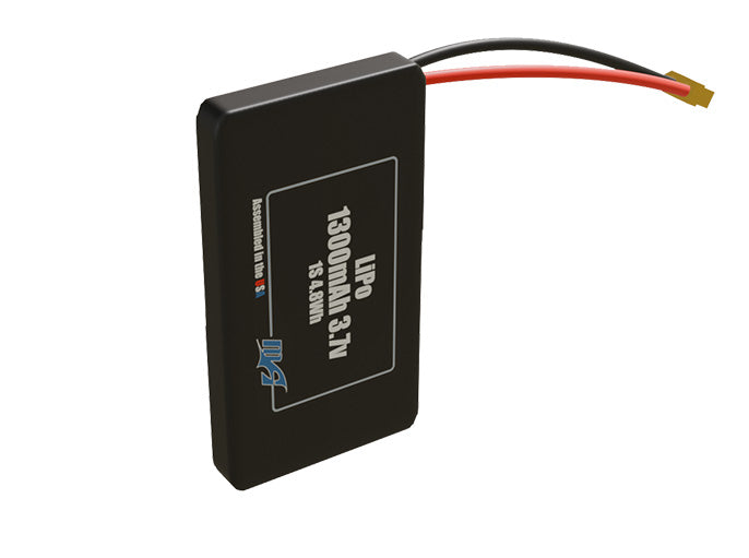 Side-angle render of a 3.7-volt 1300mAh lithium-polymer battery, assembled in the USA for compact UAV, drone, and military robotics platforms.