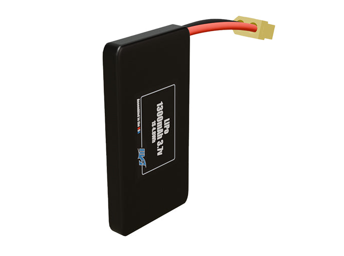 Side-angle render of a 3.7-volt 1300mAh lithium-polymer battery, assembled in the USA for compact UAV, drone, and military robotics platforms.