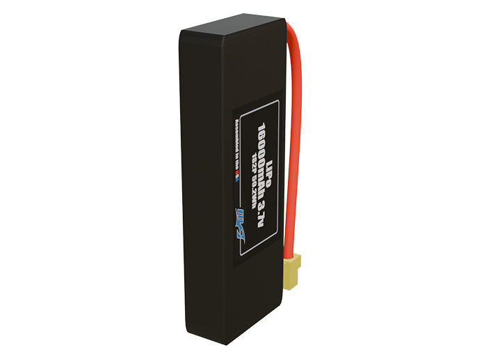 Side-angle render of a 3.7-volt 16000mAh lithium-polymer battery, assembled in the USA for compact UAV, drone, and military robotics platforms.