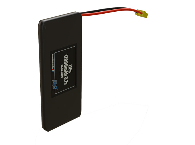 Side-angle render of a 3.7-volt 17000mAh lithium-polymer battery, assembled in the USA for compact UAV, drone, and military robotics platforms.
