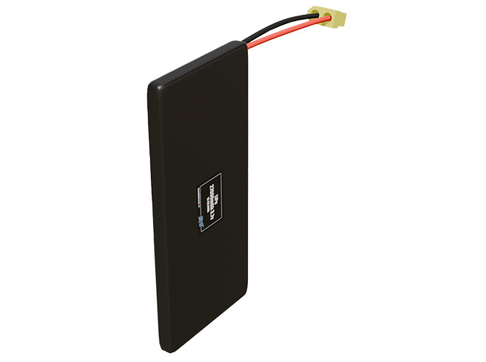 Side-angle render of a 3.7-volt 27000mAh lithium-polymer battery, assembled in the USA for compact UAV, drone, and military robotics platforms.