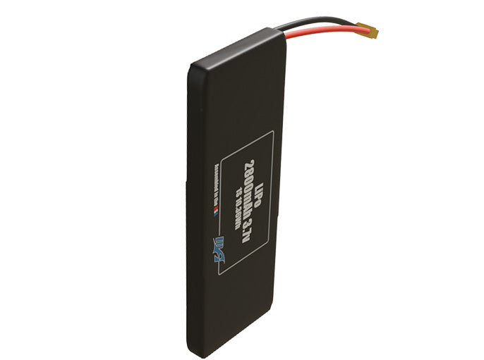 Side-angle render of a 3.7-volt 2800mAh lithium-polymer battery, assembled in the USA for compact UAV, drone, and military robotics platforms.