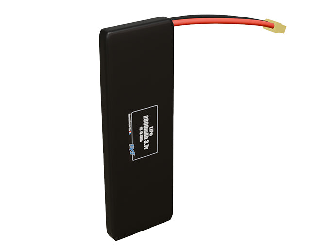 Side-angle render of a 3.7-volt 2800mAh lithium-polymer battery, assembled in the USA for compact UAV, drone, and military robotics platforms.