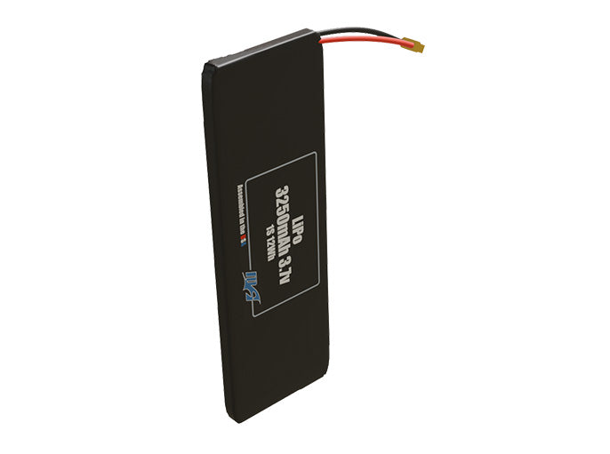 Side-angle render of a 3.7-volt 3250mAh lithium-polymer battery, assembled in the USA for compact UAV, drone, and military robotics platforms.