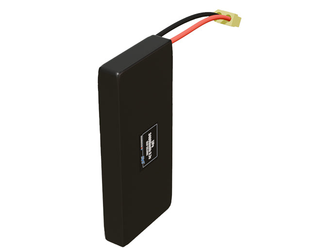 Side-angle render of a 3.7-volt 34000mAh lithium-polymer battery, assembled in the USA for compact UAV, drone, and military robotics platforms.