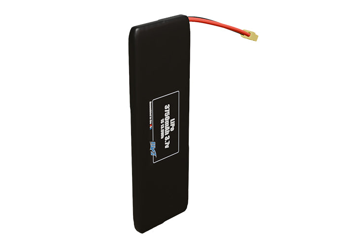 Side-angle render of a 3.7-volt 3750mAh lithium-polymer battery, assembled in the USA for compact UAV, drone, and military robotics platforms.