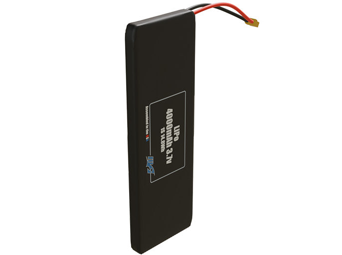 Side-angle render of a 3.7-volt 4000mAh lithium-polymer battery, assembled in the USA for compact UAV, drone, and military robotics platforms.