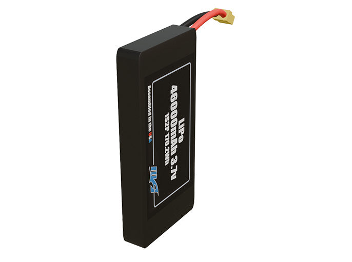 Side-angle render of a 3.7-volt 46000mAh lithium-polymer battery, assembled in the USA for compact UAV, drone, and military robotics platforms.