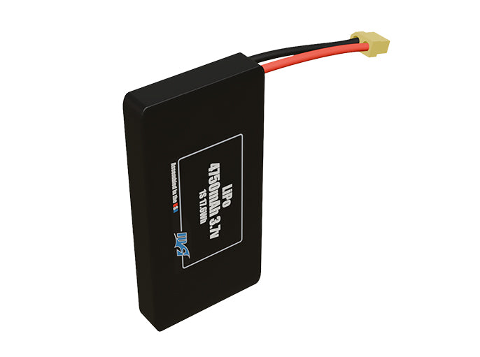 Side-angle render of a 3.7-volt 4750mAh lithium-polymer battery, assembled in the USA for compact UAV, drone, and military robotics platforms.