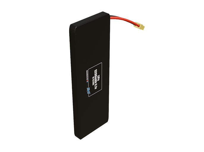 Side-angle render of a 3.7-volt 5200mAh lithium-polymer battery, assembled in the USA for compact UAV, drone, and military robotics platforms.