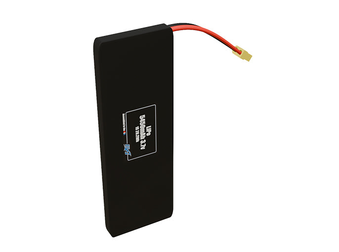Side-angle render of a 3.7-volt 5450mAh lithium-polymer battery, assembled in the USA for compact UAV, drone, and military robotics platforms.