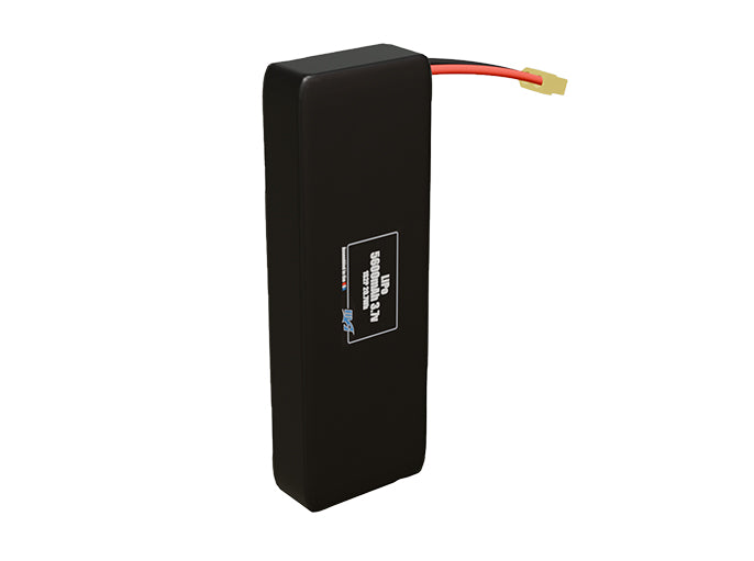 Side-angle render of a 3.7-volt 5600mAh lithium-polymer battery, assembled in the USA for compact UAV, drone, and military robotics platforms.