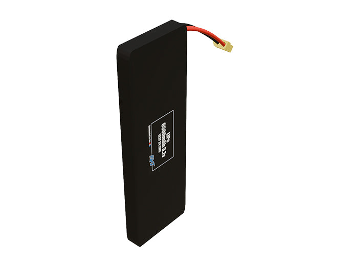 Side-angle render of a 3.7-volt 6500mAh lithium-polymer battery, assembled in the USA for compact UAV, drone, and military robotics platforms.