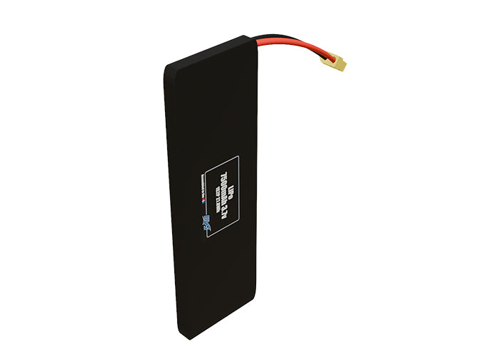 Side-angle render of a 3.7-volt 7500mAh lithium-polymer battery, assembled in the USA for compact UAV, drone, and military robotics platforms.